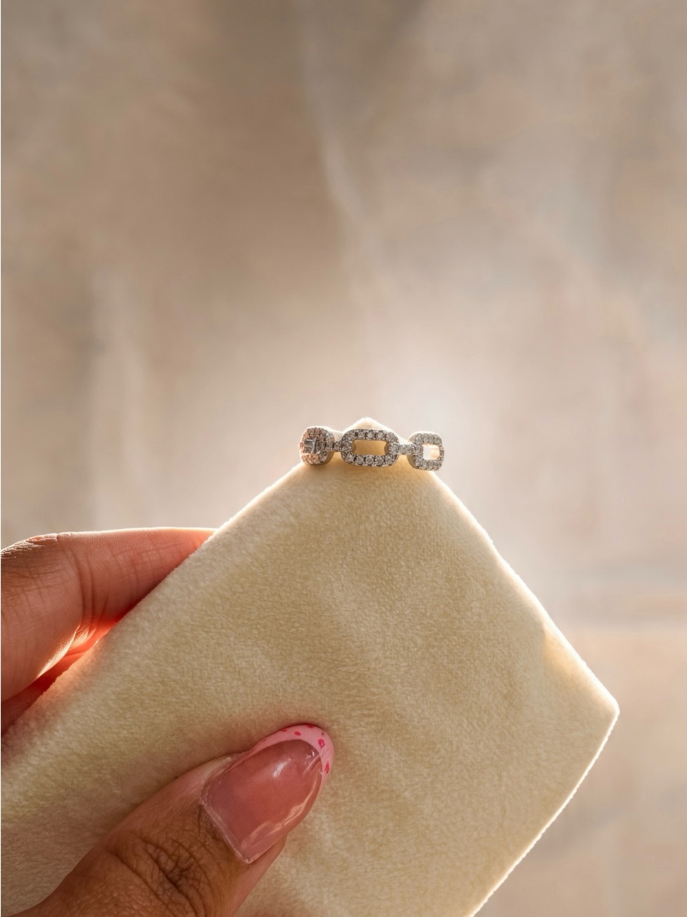 Sparkling Silver Link Ring with Pave Cubic Zirconia